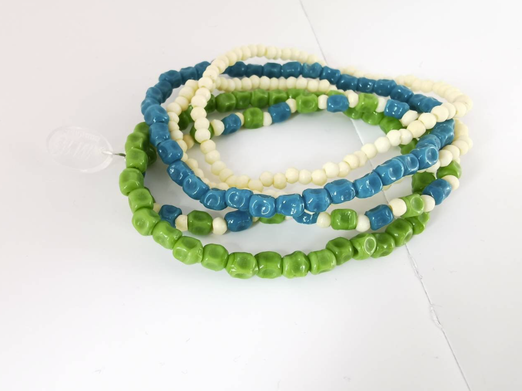 Unusual  Green, Blue and Ceramic Stone and Coconut Elastic Bracelets - Pack of 5