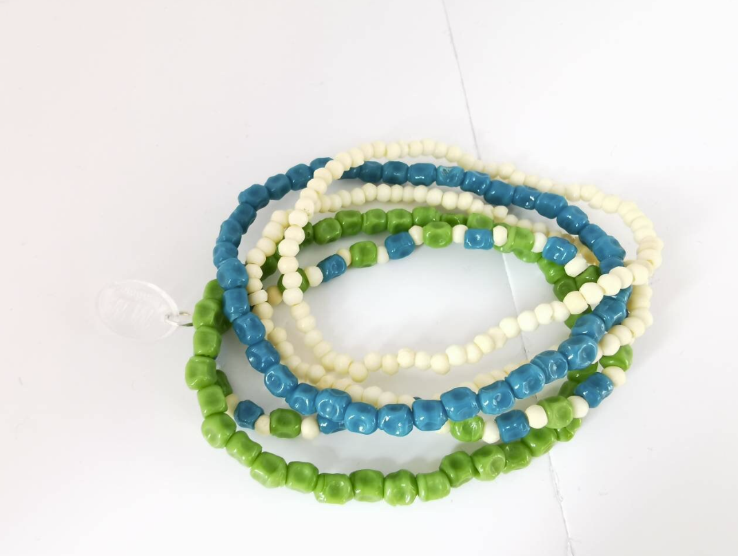 Unusual  Green, Blue and Ceramic Stone and Coconut Elastic Bracelets - Pack of 5
