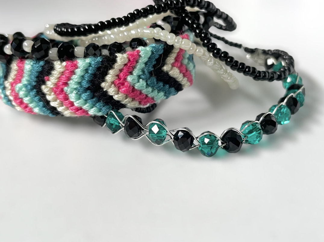 Green Turquoise Black Pearl and Silver Beaded and Threaded Stacking Bracelets - Pack of 8