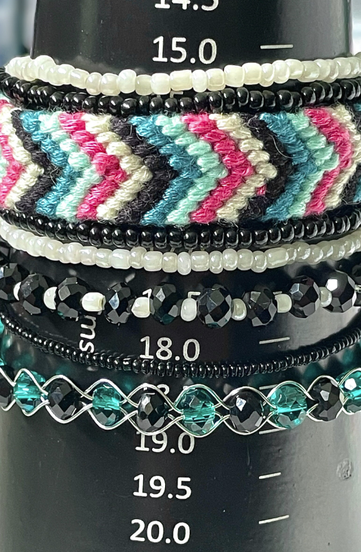 Green Turquoise Black Pearl and Silver Beaded and Threaded Stacking Bracelets - Pack of 8