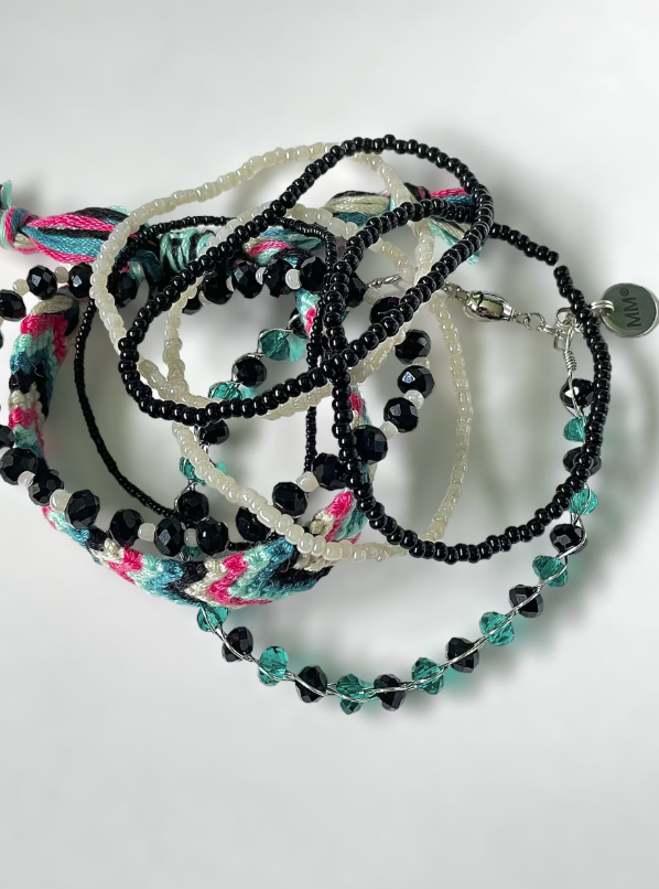 Green Turquoise Black Pearl and Silver Beaded and Threaded Stacking Bracelets - Pack of 8