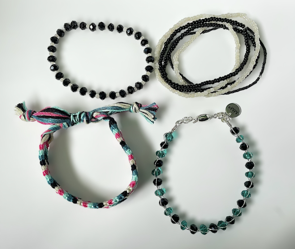 Green Turquoise Black Pearl and Silver Beaded and Threaded Stacking Bracelets - Pack of 8