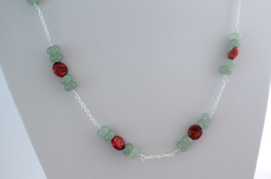 Pale Green Italian Onyx Marble and Magenta Impression Jasper Silver Chain Necklace