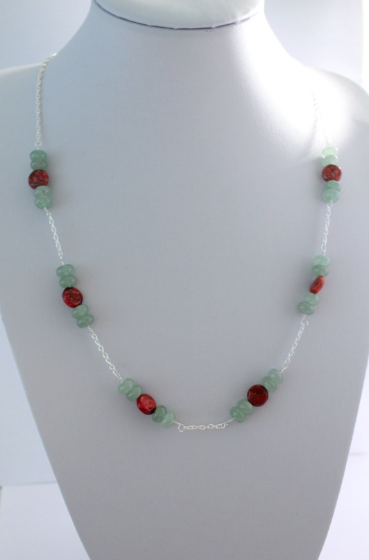 Pale Green Italian Onyx Marble and Magenta Impression Jasper Silver Chain Necklace
