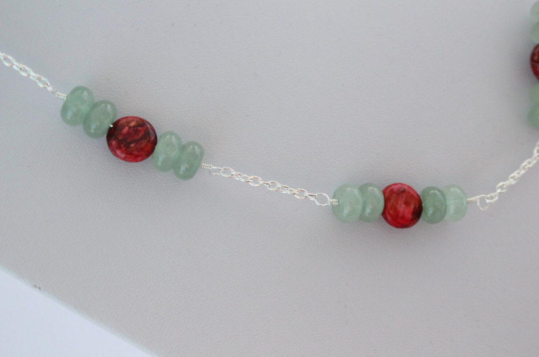 Pale Green Italian Onyx Marble and Magenta Impression Jasper Silver Chain Necklace