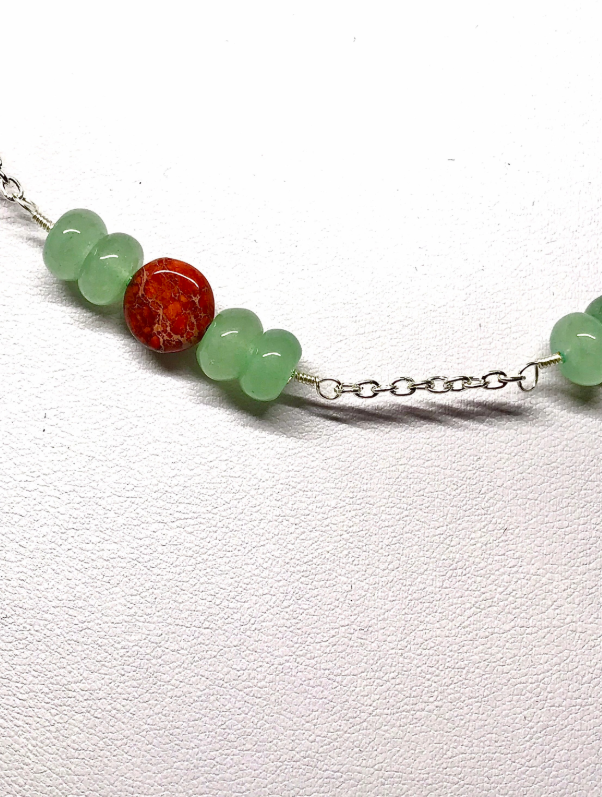 Pale Green Italian Onyx Marble and Magenta Impression Jasper Silver Chain Necklace