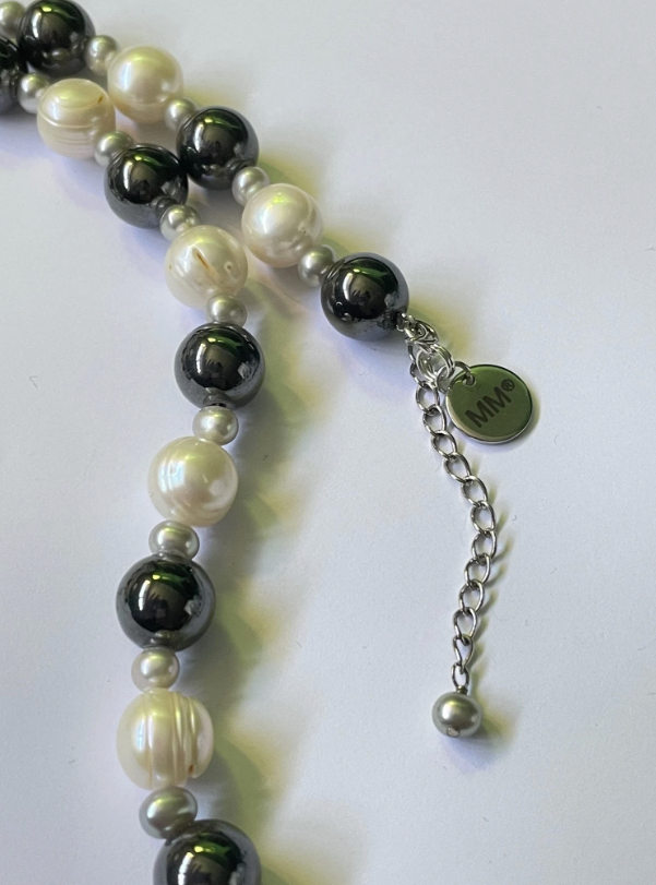 Pearl and Hematite Necklace Bracelet and Sterling Silver Earring Set