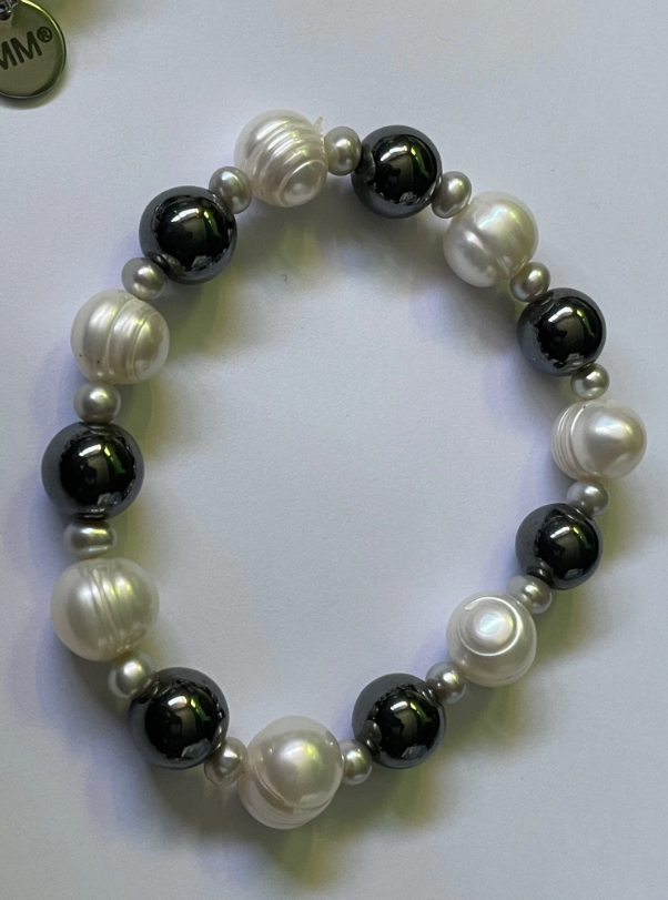 Pearl and Hematite Necklace Bracelet and Sterling Silver Earring Set