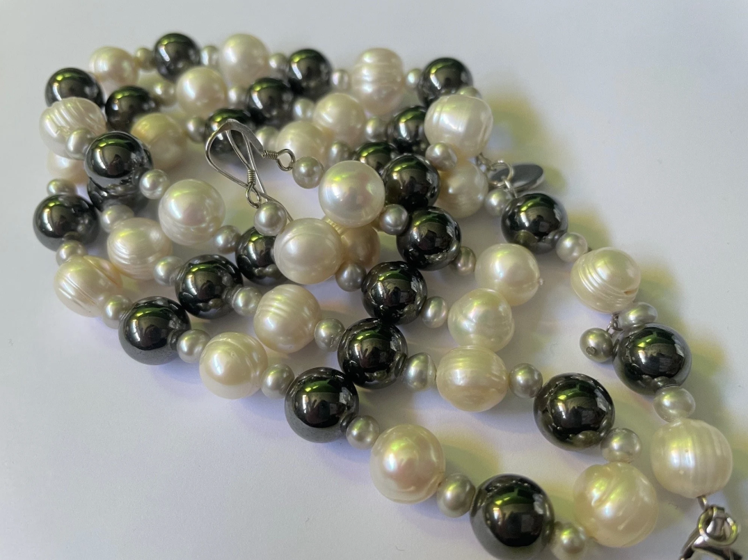 Pearl and Hematite Necklace Bracelet and Sterling Silver Earring Set