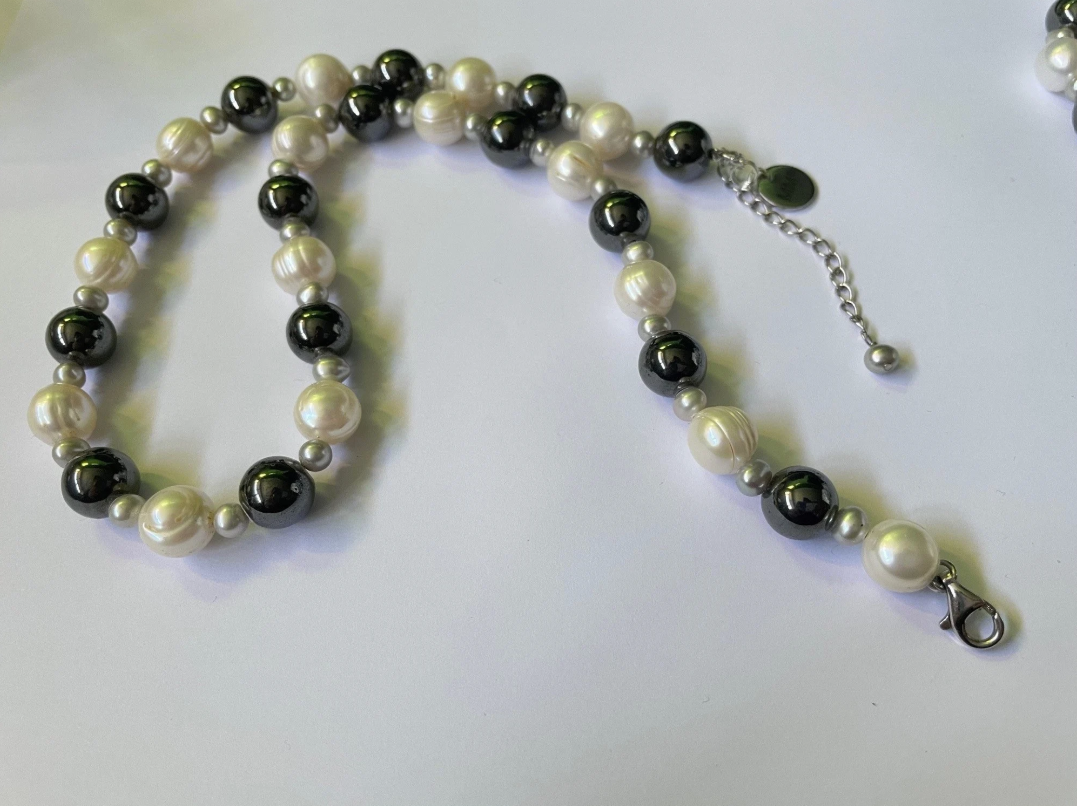 Pearl and Hematite Necklace Bracelet and Sterling Silver Earring Set