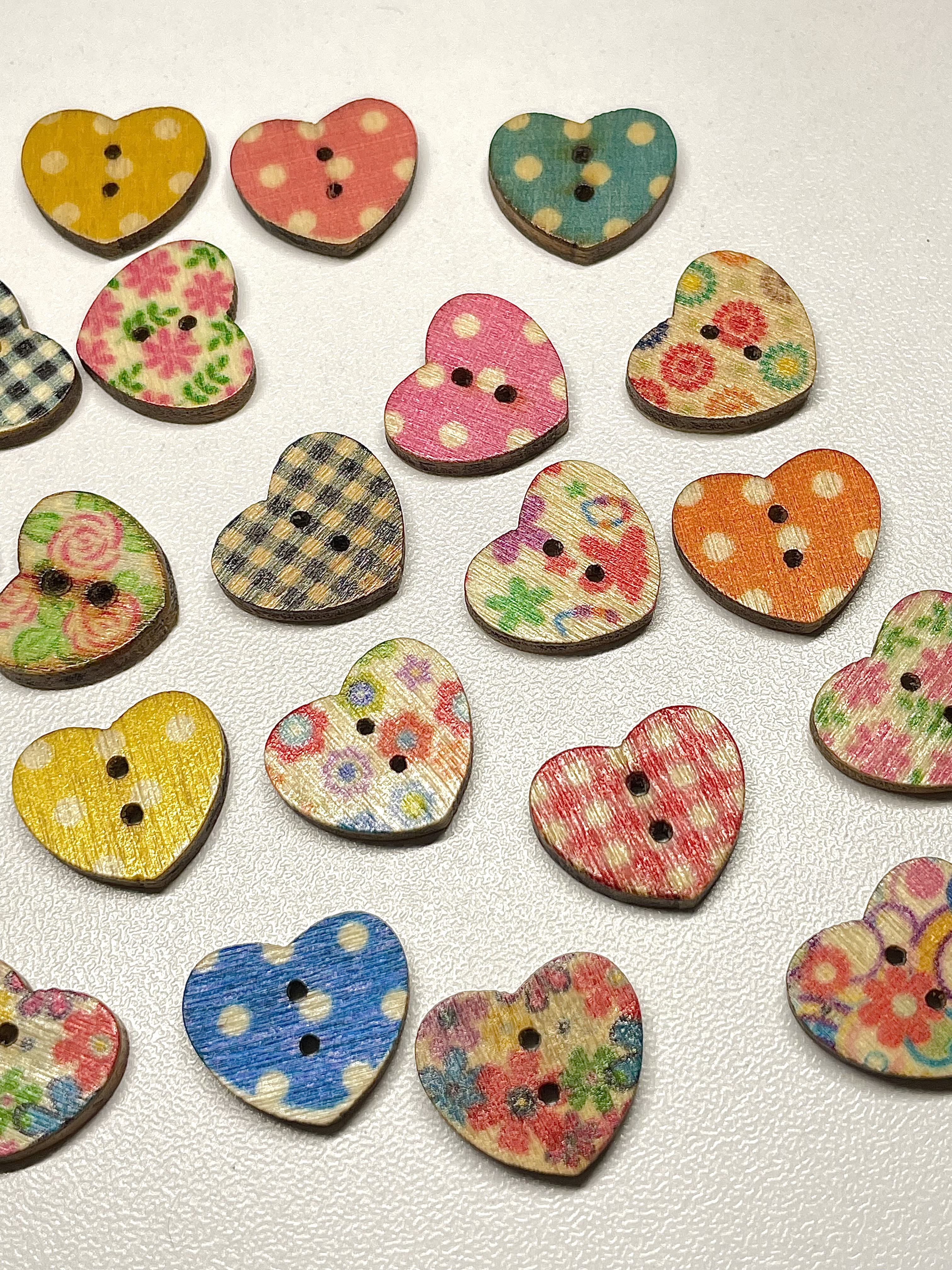 Colour Printed Wood Heart Buttons