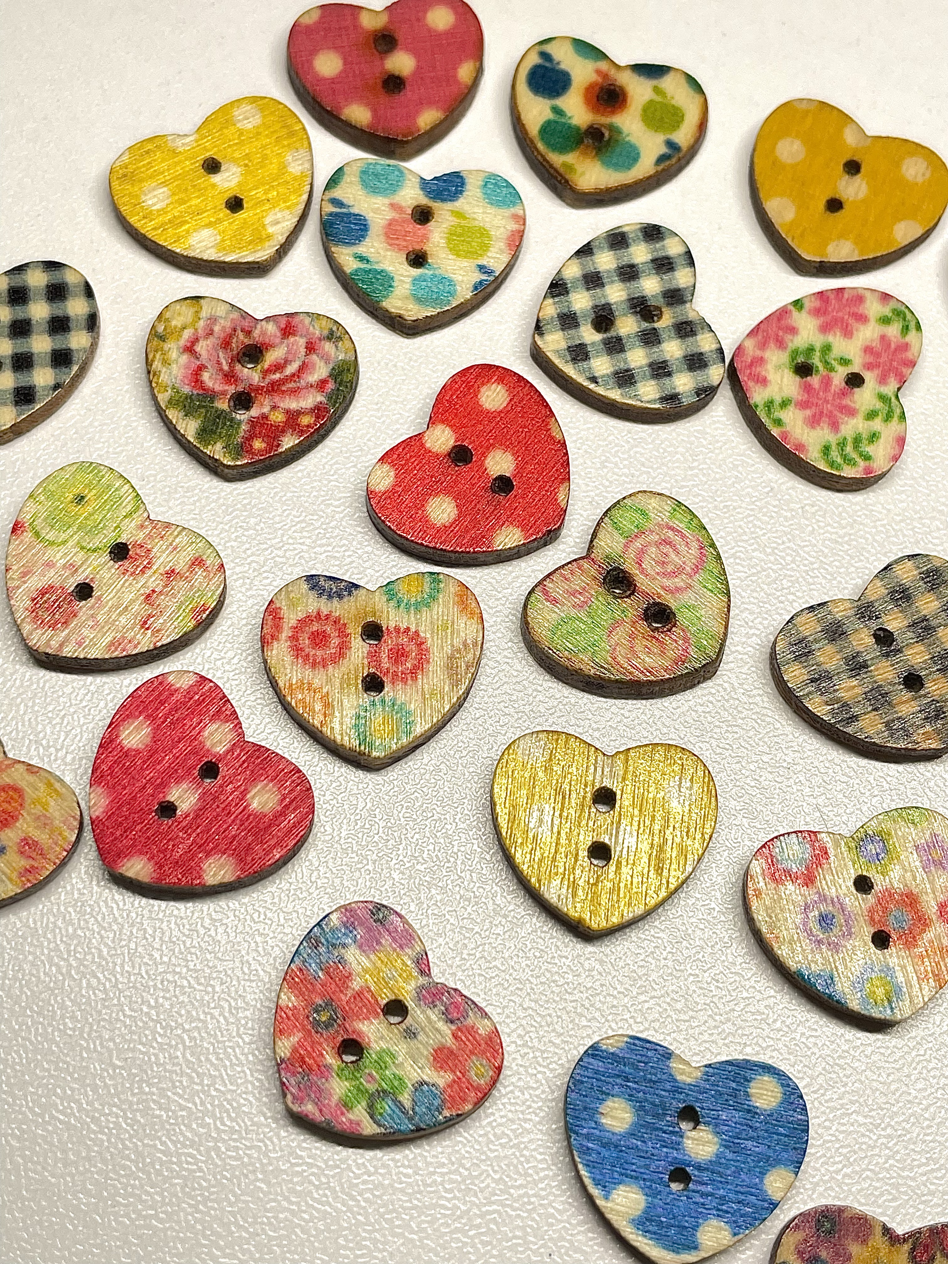 Colour Printed Wood Heart Buttons