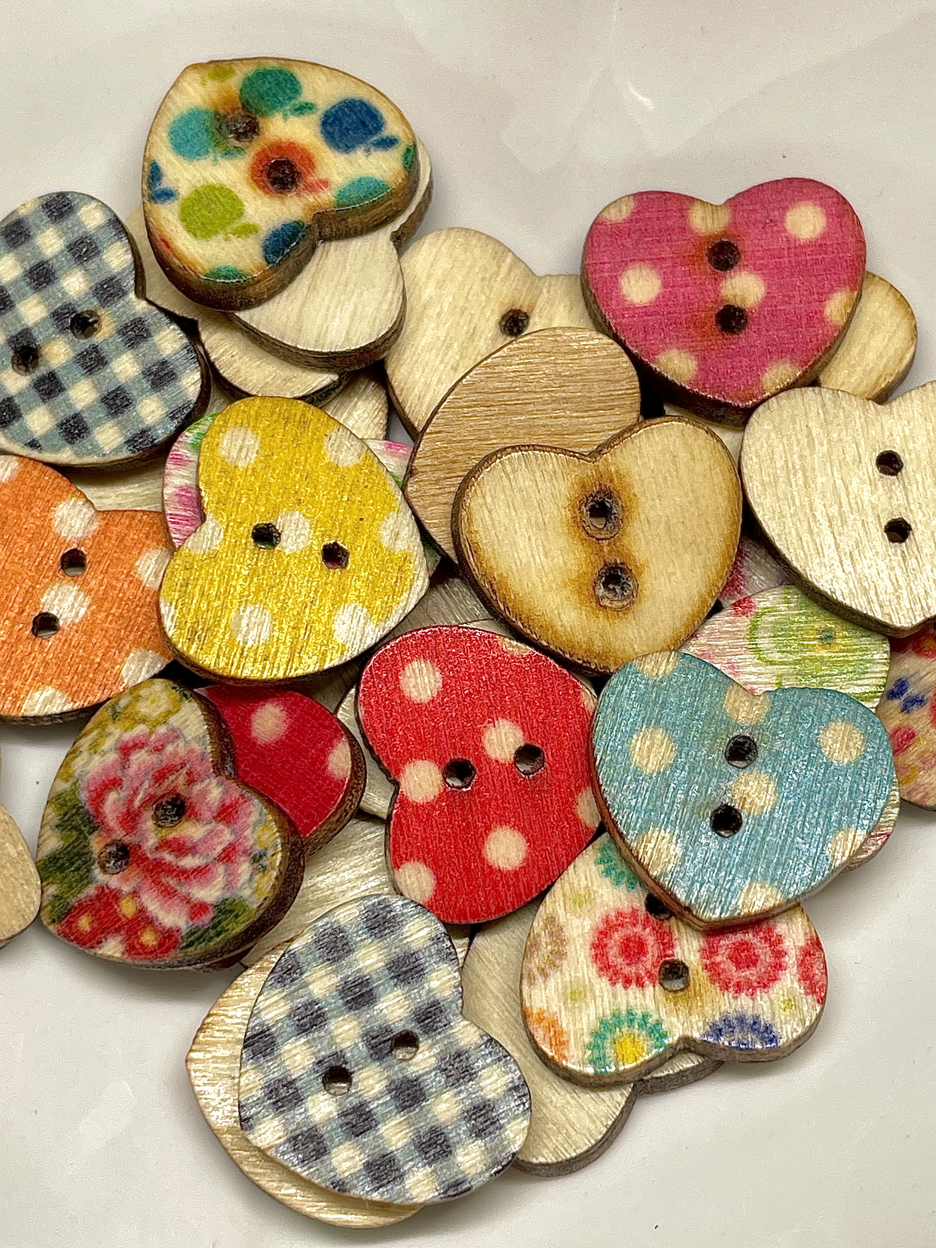 Colour Printed Wood Heart Buttons