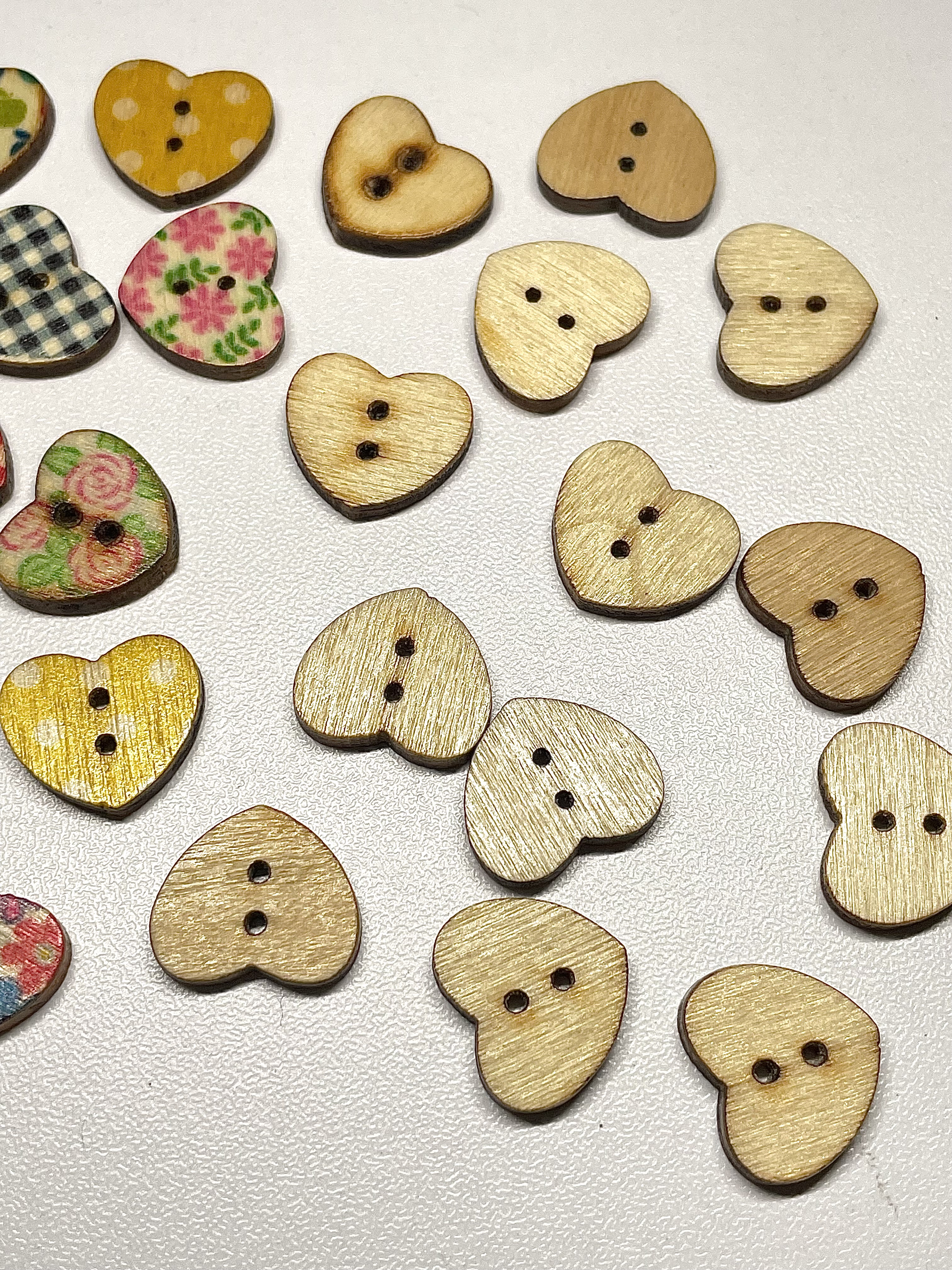 Colour Printed Wood Heart Buttons
