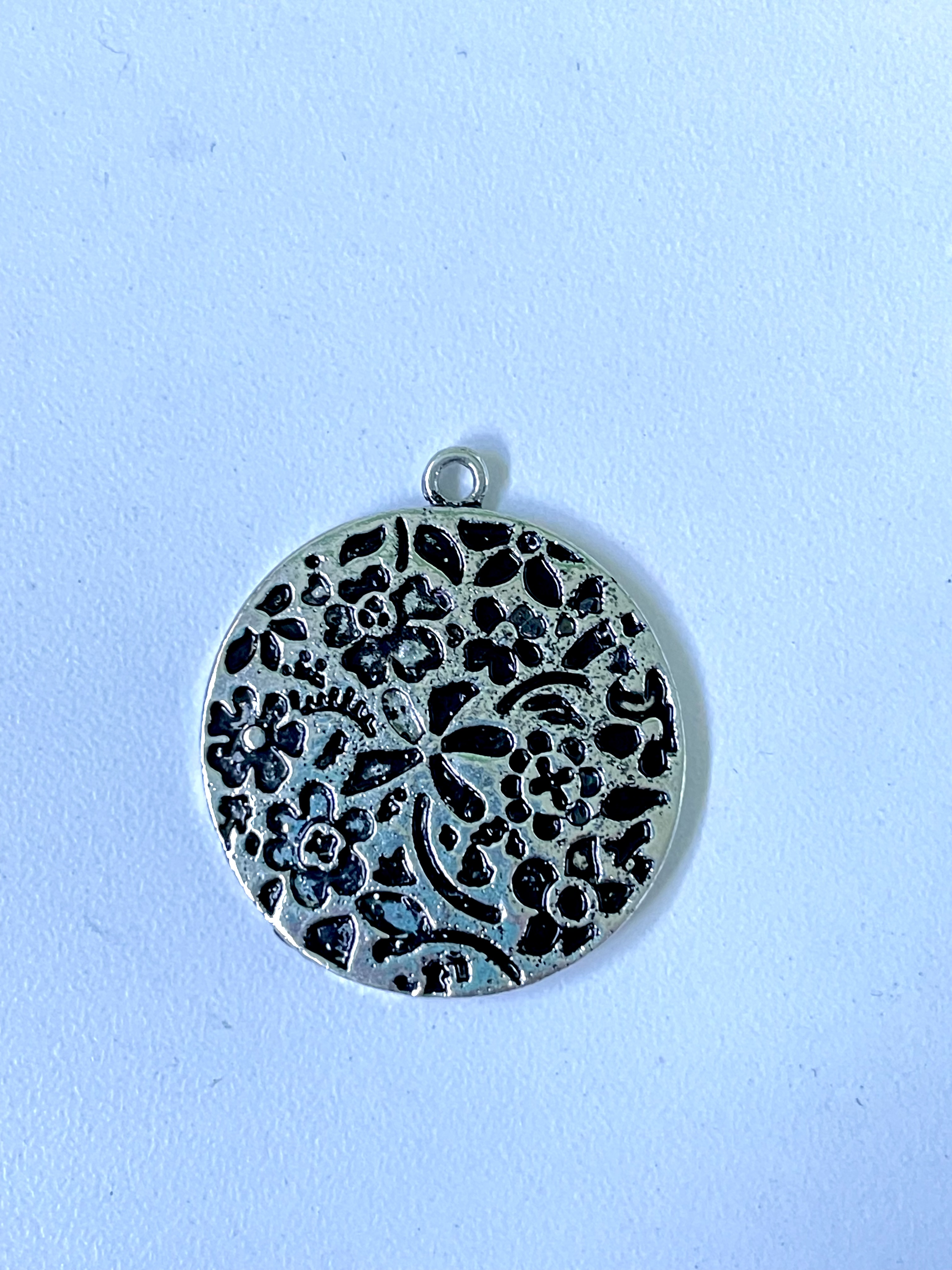 Antique Tibetan Silver Flower Disc Pendant Charm