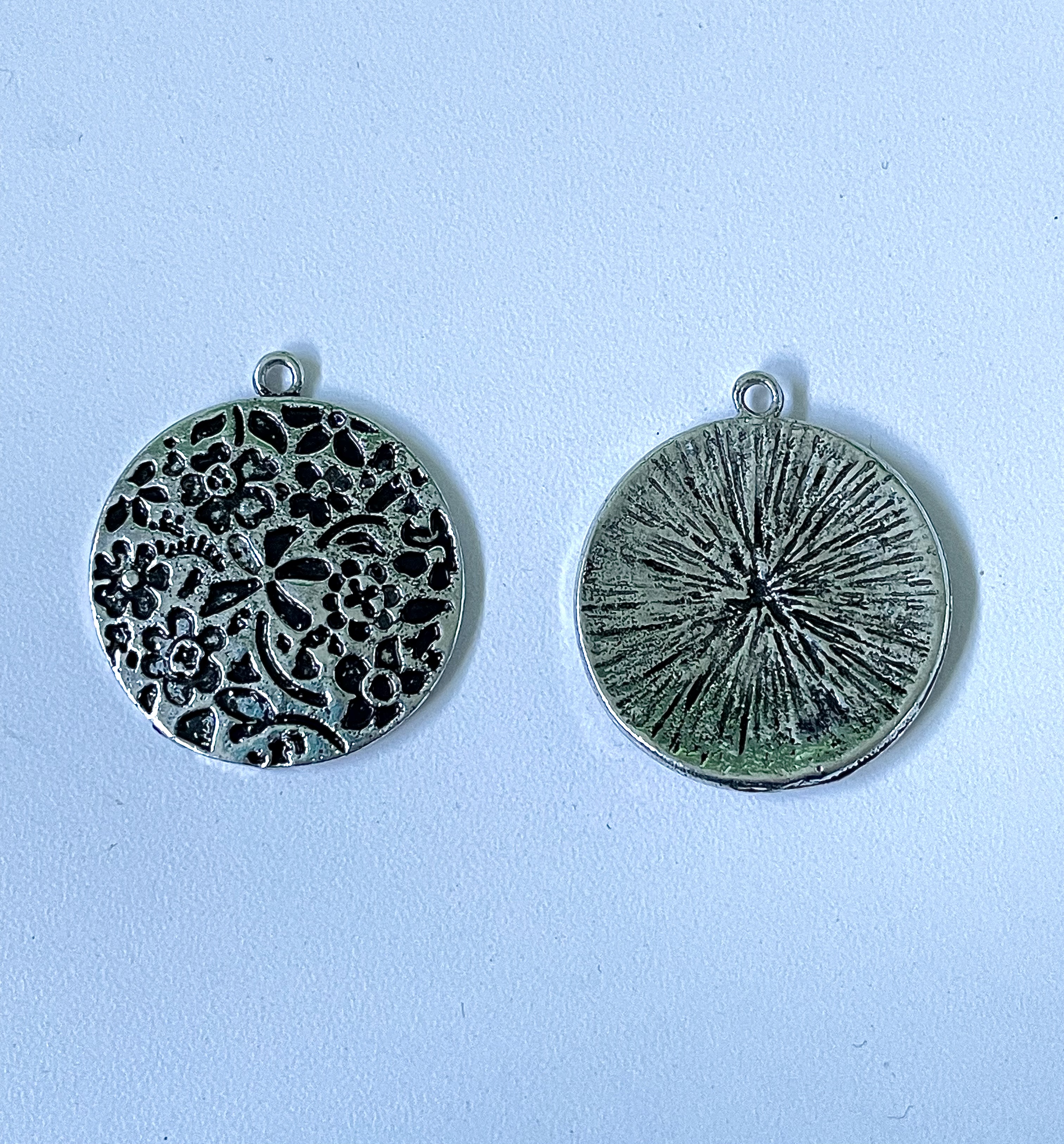 Antique Tibetan Silver Flower Disc Pendant Charm