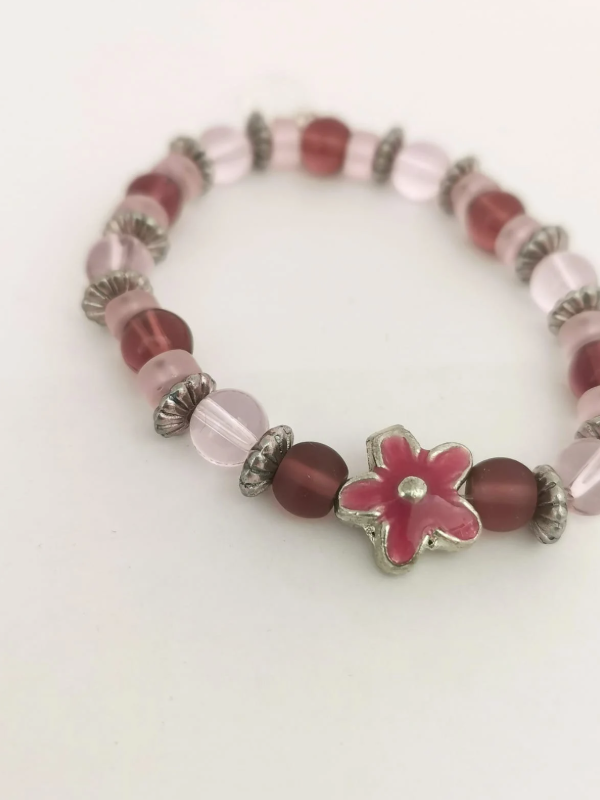 Pink Amethyst Glass and Enamel Flower Bracelet