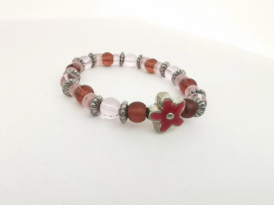 Pink Amethyst Glass and Enamel Flower Bracelet