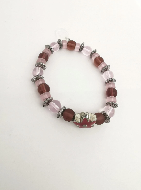 Pink Amethyst Glass and Enamel Flower Bracelet