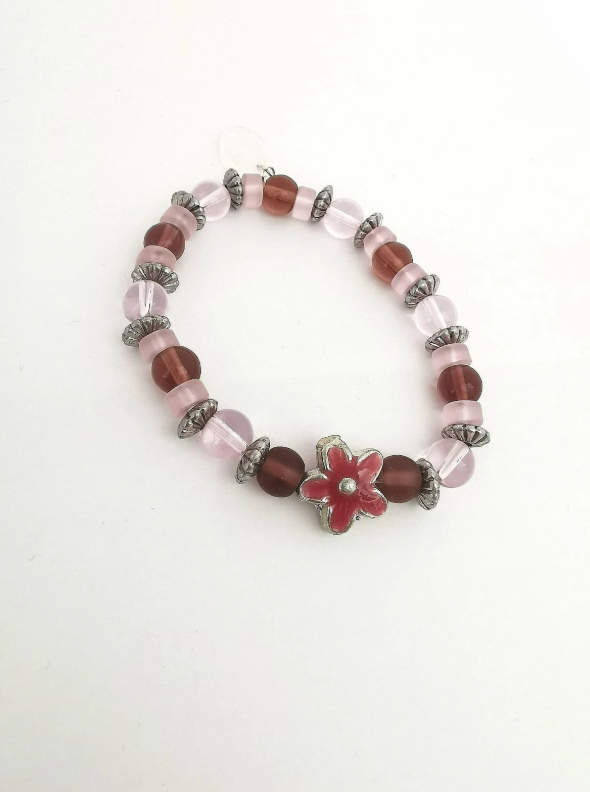 Pink Amethyst Glass and Enamel Flower Bracelet