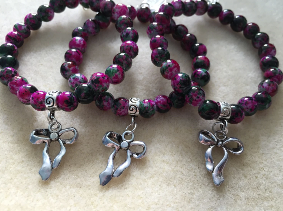 Tie Dye Pink and Green Bow Charm Bracelet
