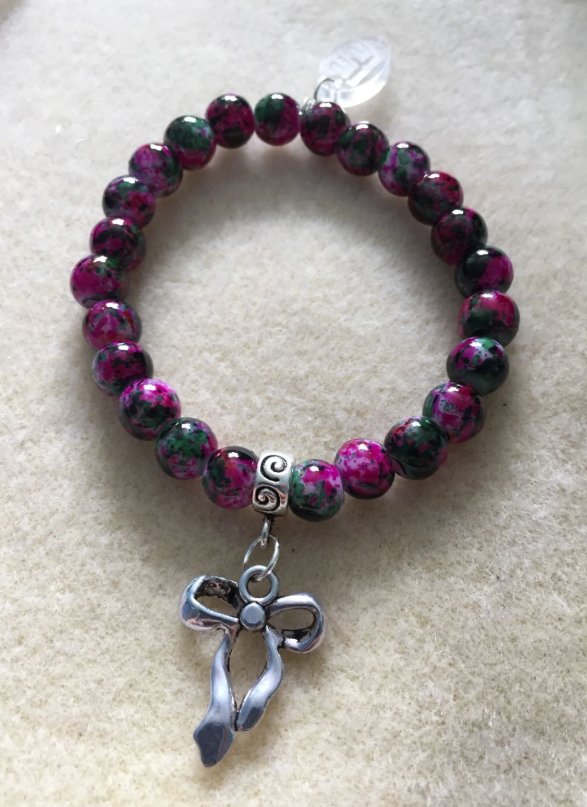 Tie Dye Pink and Green Bow Charm Bracelet