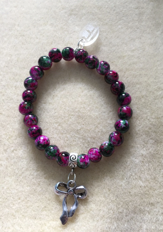 Tie Dye Pink and Green Bow Charm Bracelet