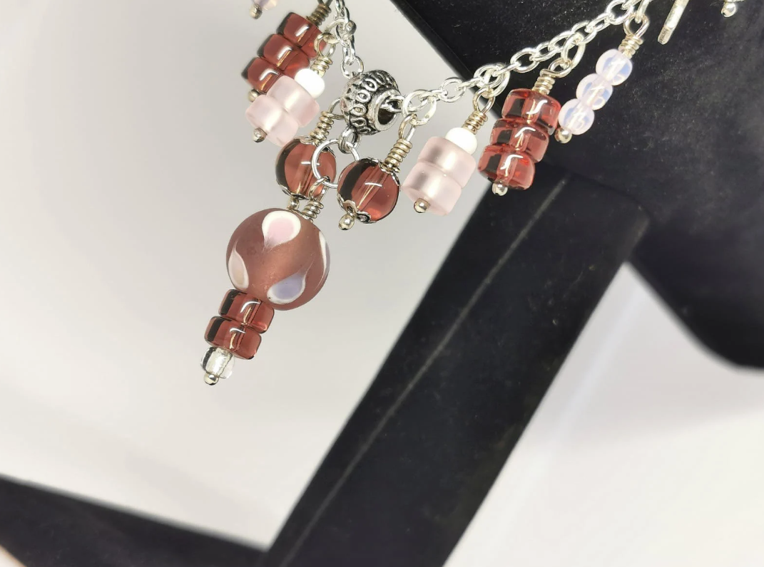 Pink and Purple Glass, and Tibetan Silver Star Chain Bracelet