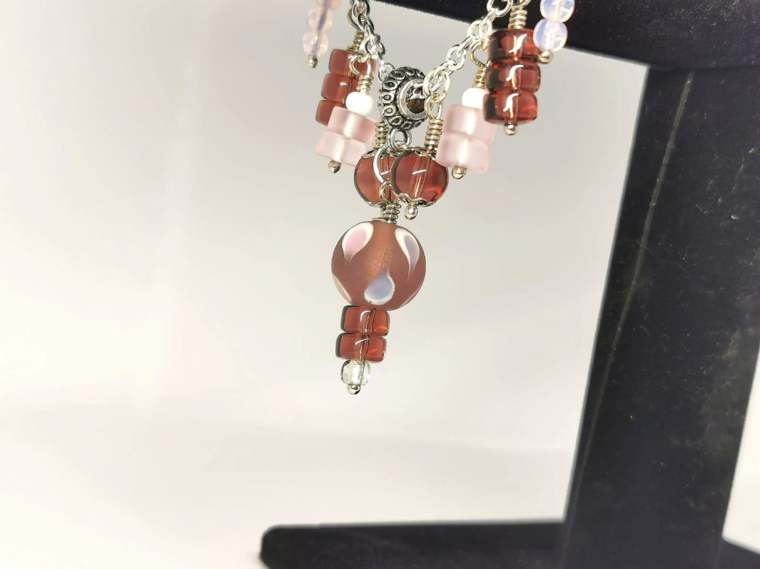 Pink and Purple Glass, and Tibetan Silver Star Chain Bracelet