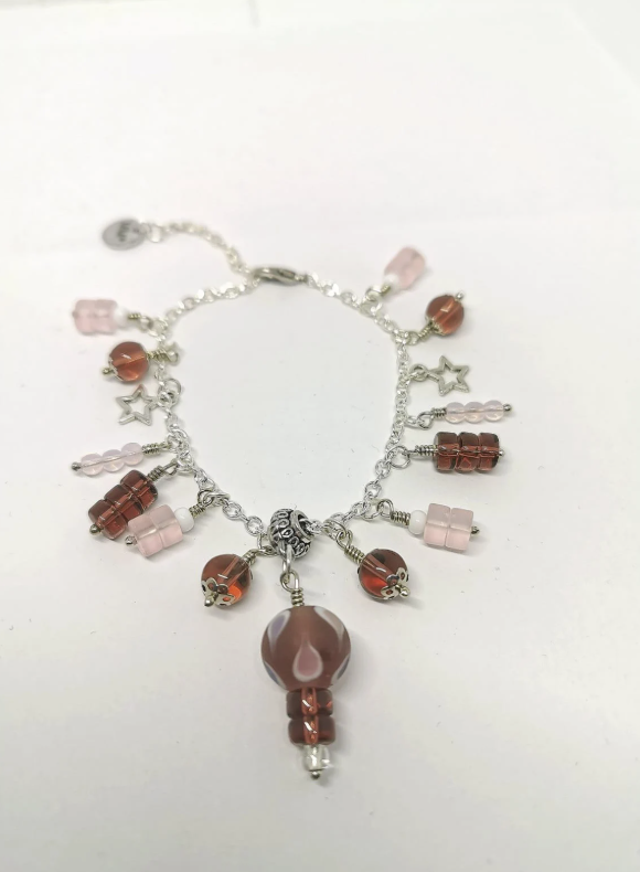 Pink and Purple Glass, and Tibetan Silver Star Chain Bracelet