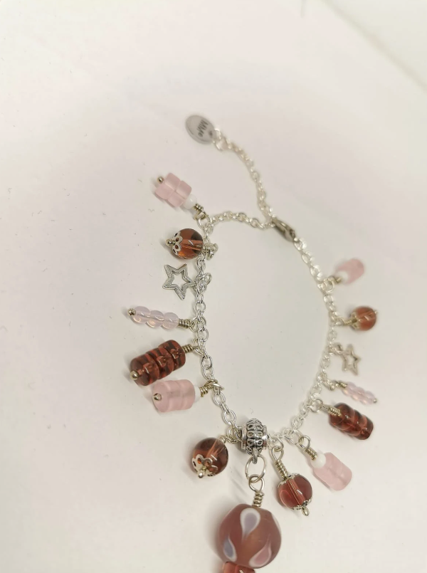 Pink and Purple Glass, and Tibetan Silver Star Chain Bracelet