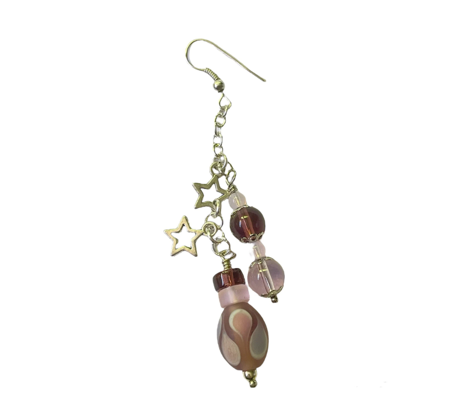 Pink and Purple Lamp Glass Tibetan Silver Dangle Earrings