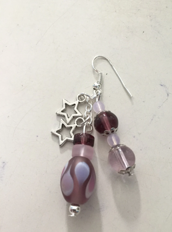 Pink and Purple Lamp Glass Tibetan Silver Dangle Earrings