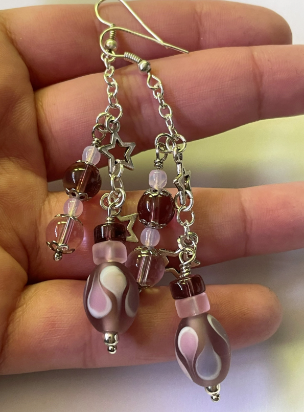 Pink and Purple Lamp Glass Tibetan Silver Dangle Earrings