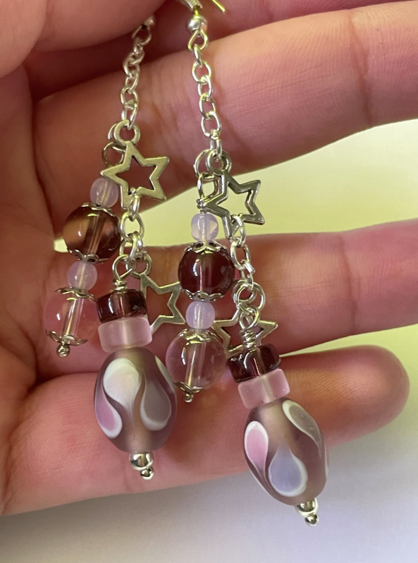 Pink and Purple Lamp Glass Tibetan Silver Dangle Earrings