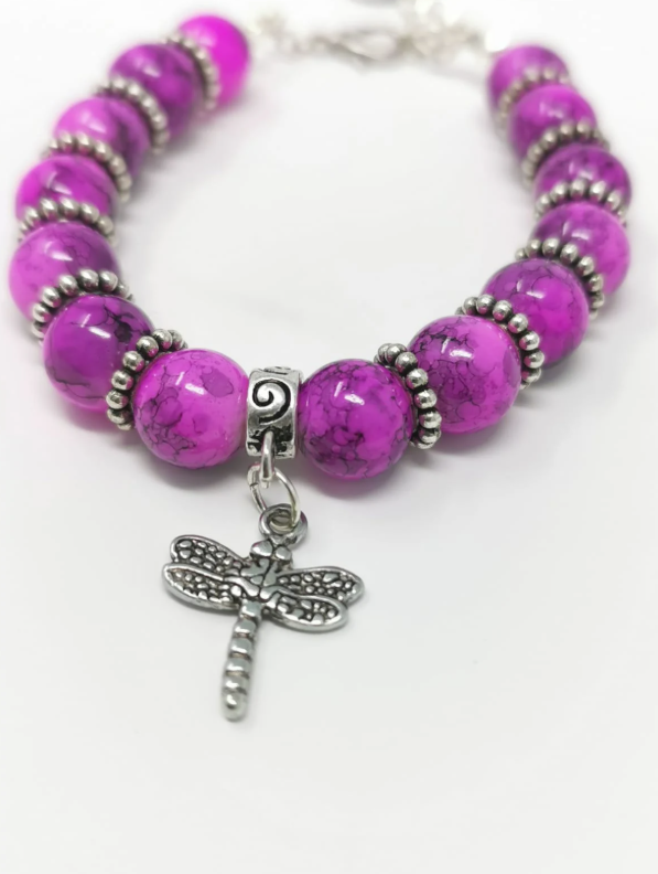 Pink Fuchsia Mottle Effect Glass Dragonfly Charm Bracelet