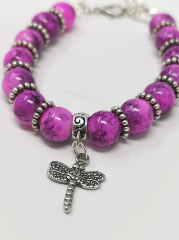Pink Fuchsia Mottle Effect Glass Dragonfly Charm Bracelet