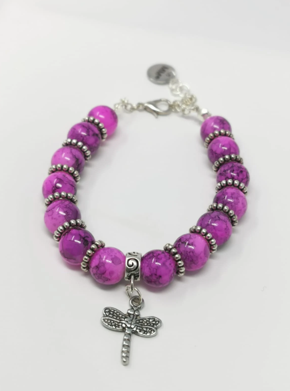 Pink Fuchsia Mottle Effect Glass Dragonfly Charm Bracelet