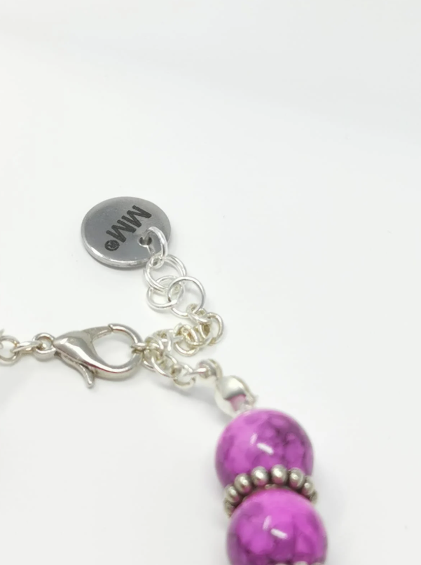 Pink Fuchsia Mottle Effect Glass Dragonfly Charm Bracelet