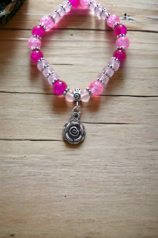 Pink Glass and Rose Charm Bracelet