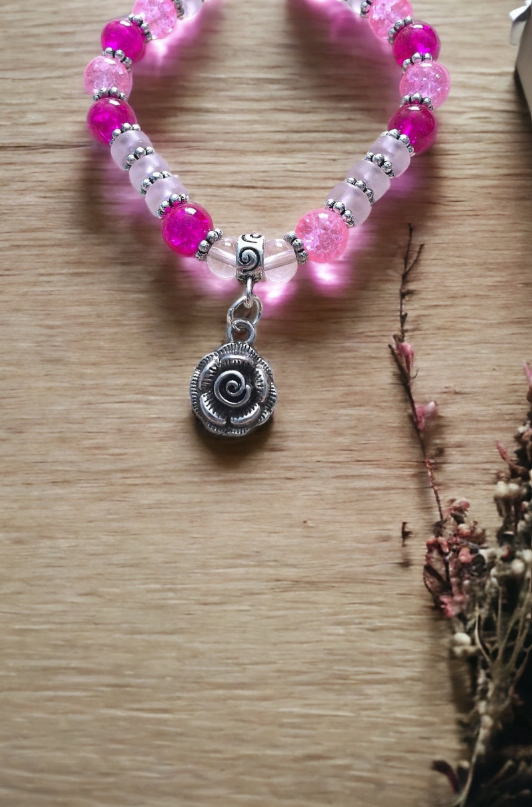 Pink Glass and Rose Charm Bracelet