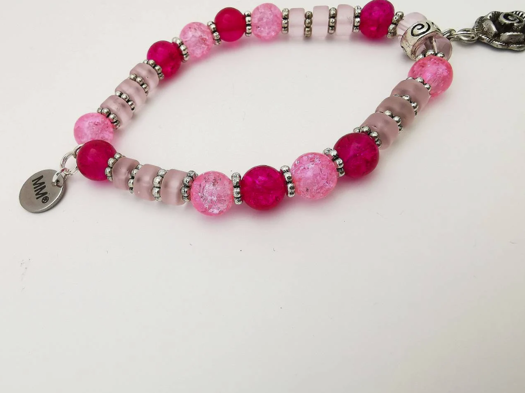 Pink Glass and Rose Charm Bracelet