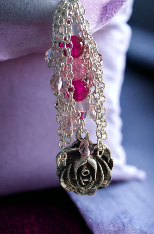 Pink Glass Large Rose Charm Key Ring Bag Ring