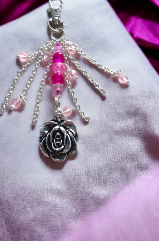 Pink Glass Large Rose Charm Key Ring Bag Ring