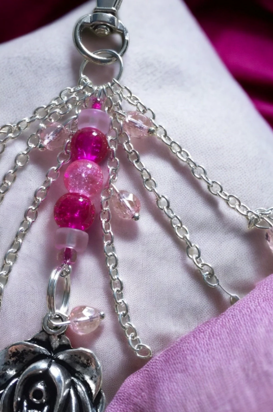 Pink Glass Large Rose Charm Key Ring Bag Ring