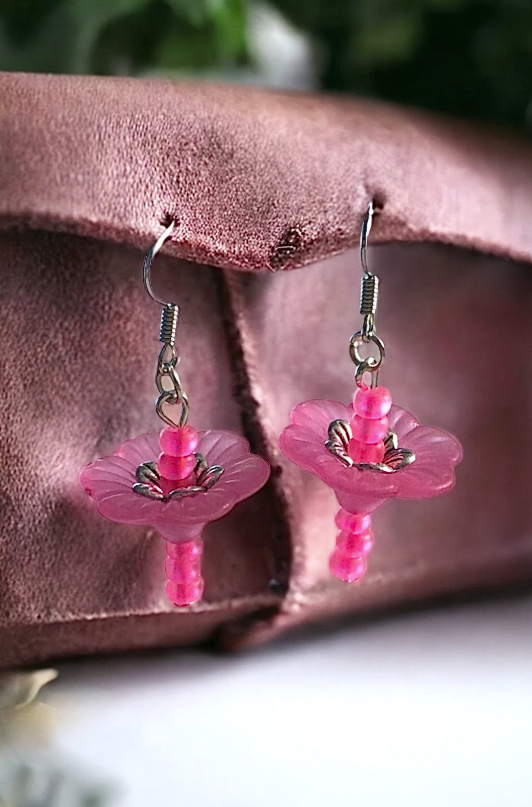 Pink Neon Dangle Flower Earrings