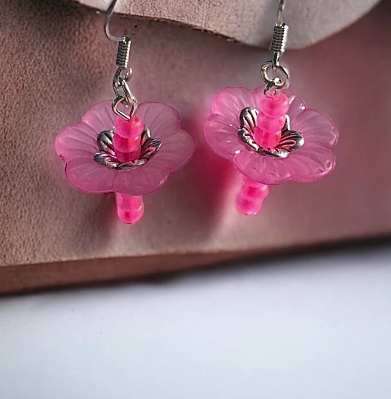 Pink Neon Dangle Flower Earrings
