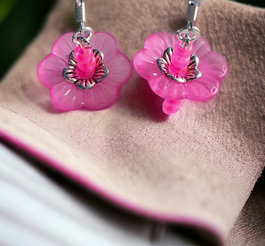 Pink Neon Dangle Flower Earrings