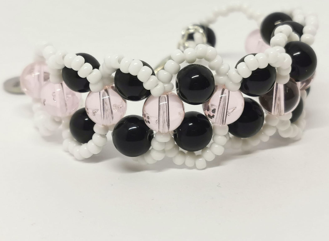 Pink, White and Black Beadwork Glass Cuff Bracelet