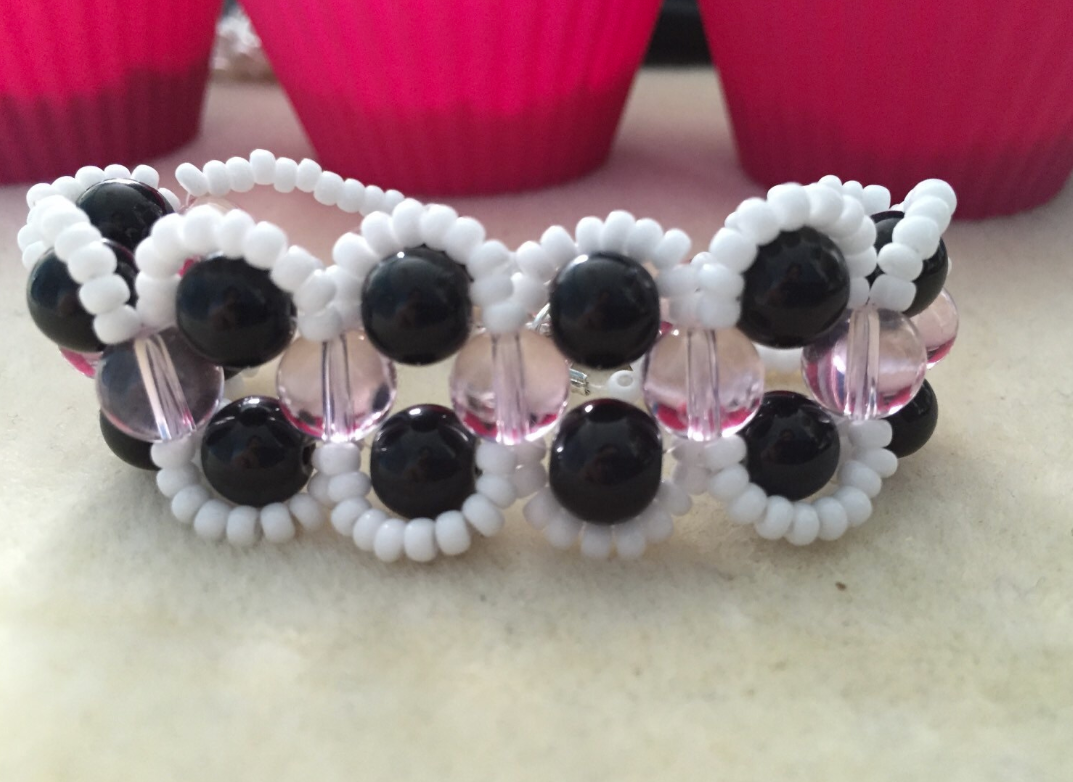 Pink, White and Black Beadwork Glass Cuff Bracelet